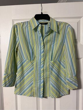 Express Stretch Striped Button-Front Blouse in Lime Green & Sky Blue